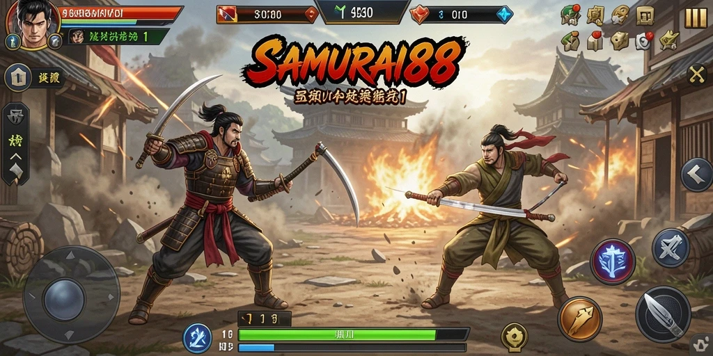 Tampilan pertempuran seru dalam SAMURAI88 dengan karakter unik.